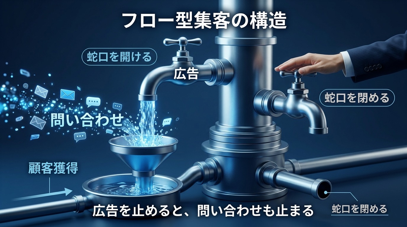広告という蛇口を開けている間だけ問い合わせが出る構造を表したイメージ
