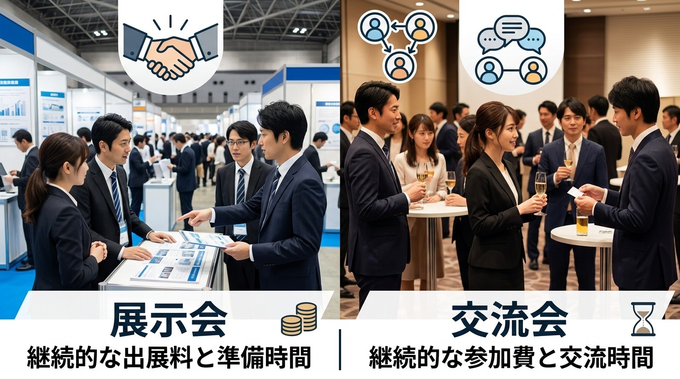 展示会と交流会はどちらも費用と時間をかけ続ける必要があることを示すイメージ