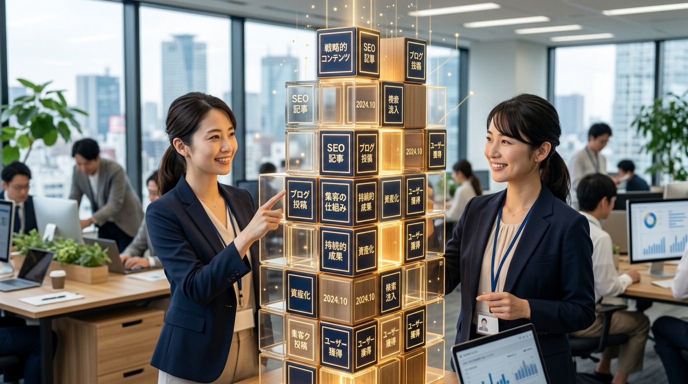 コンテンツ記事がブロックのように積み上がり集客資産になっていく様子