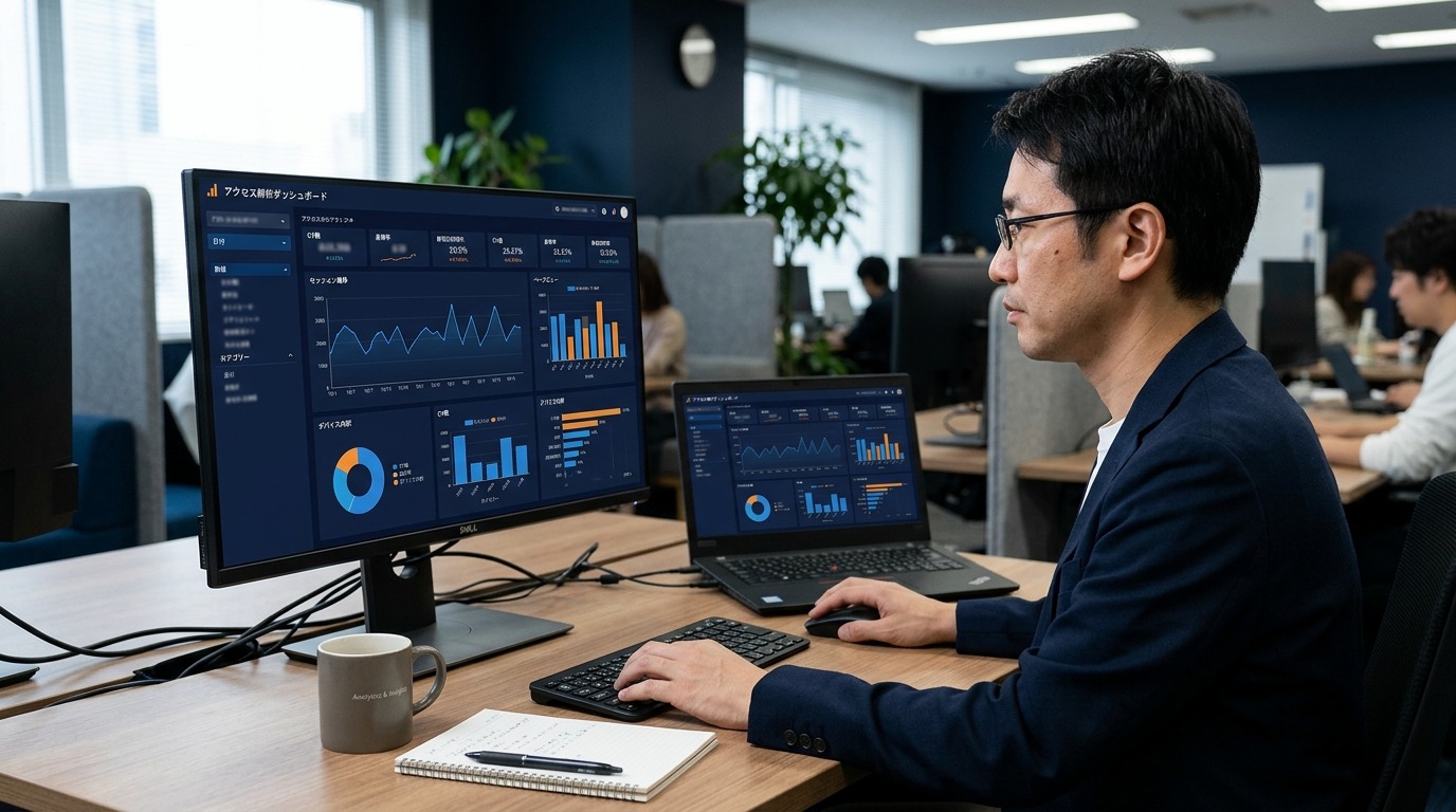 アクセス解析のグラフを確認する経営者のイメージ