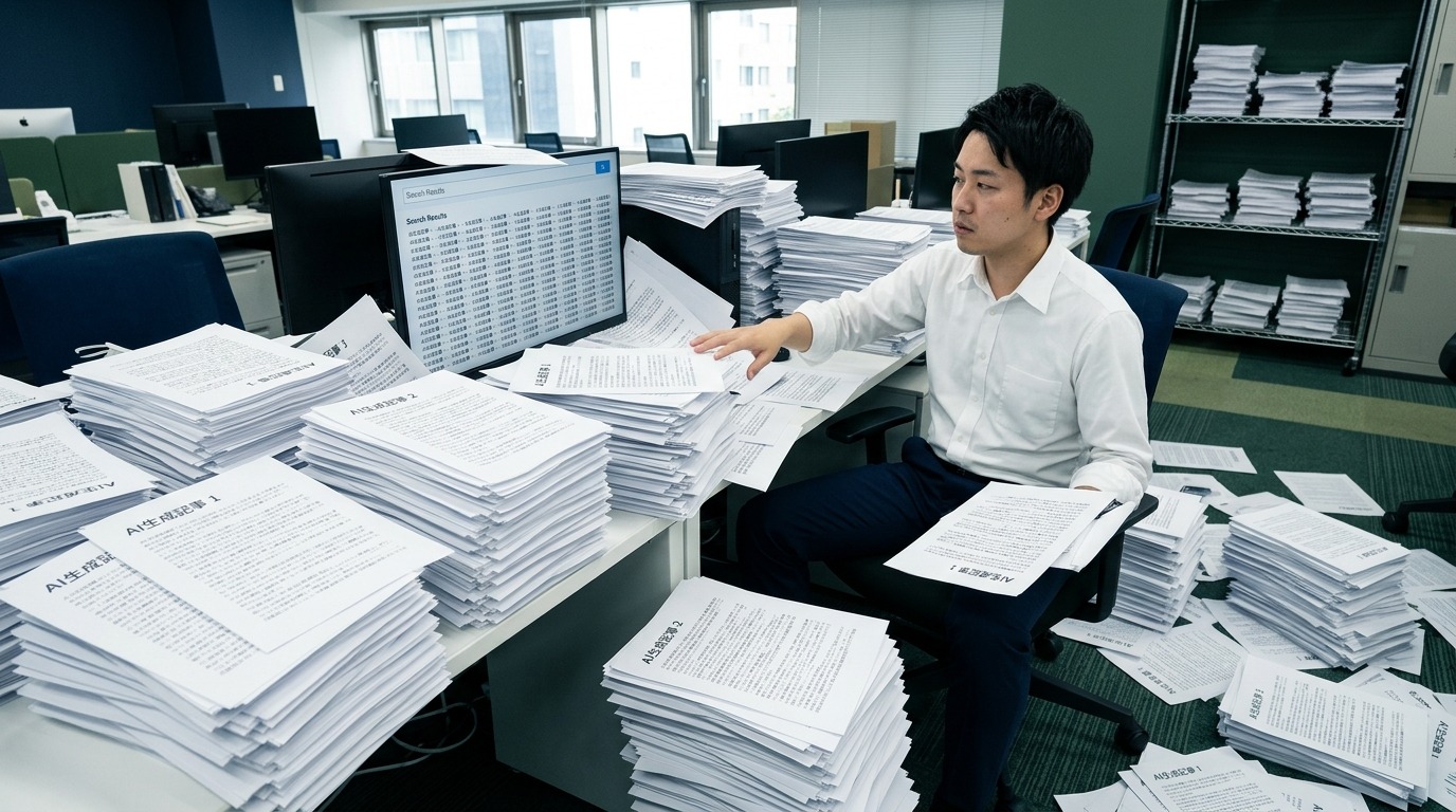 無個性なAI生成記事が大量に並び検索結果に埋もれる様子