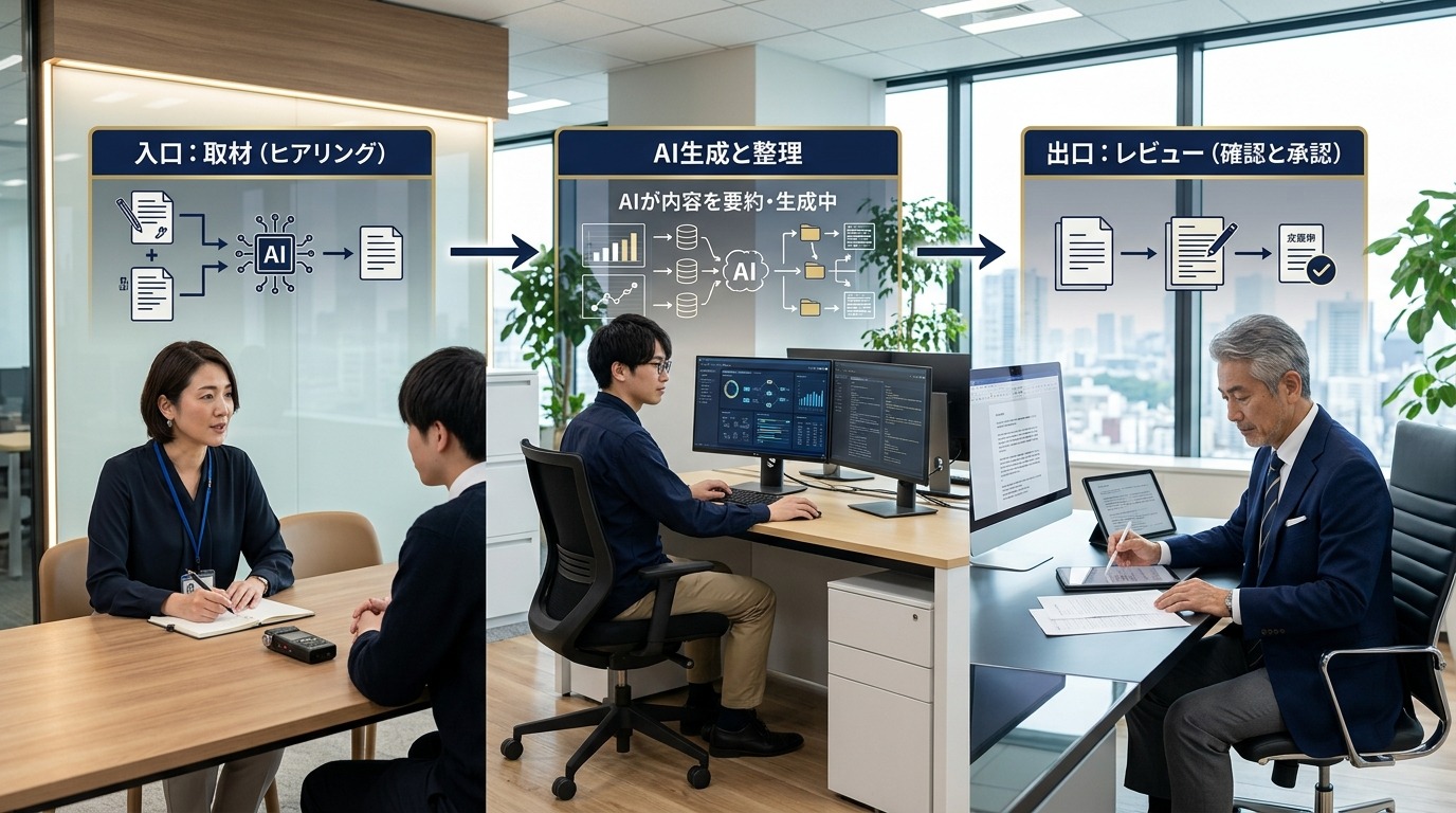 ヒアリングとAIと人のレビューが連携する仕組みの図解