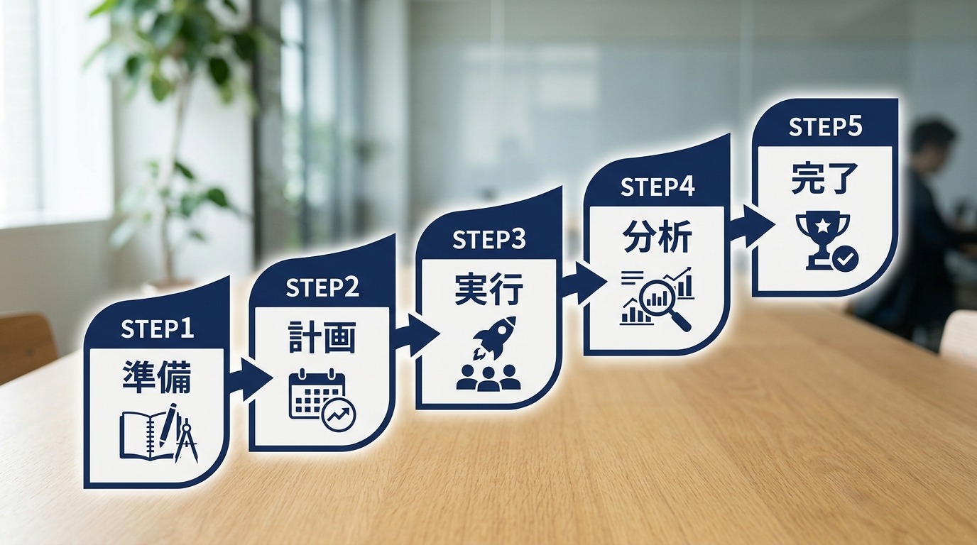 STEP1からSTEP5まで段階的に進む導入フローの図