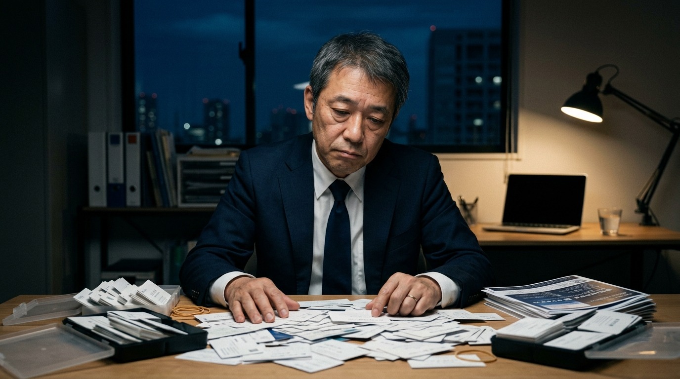 名刺リストを整理し自分主催の交流会を企画して集客する経営者のイメージ