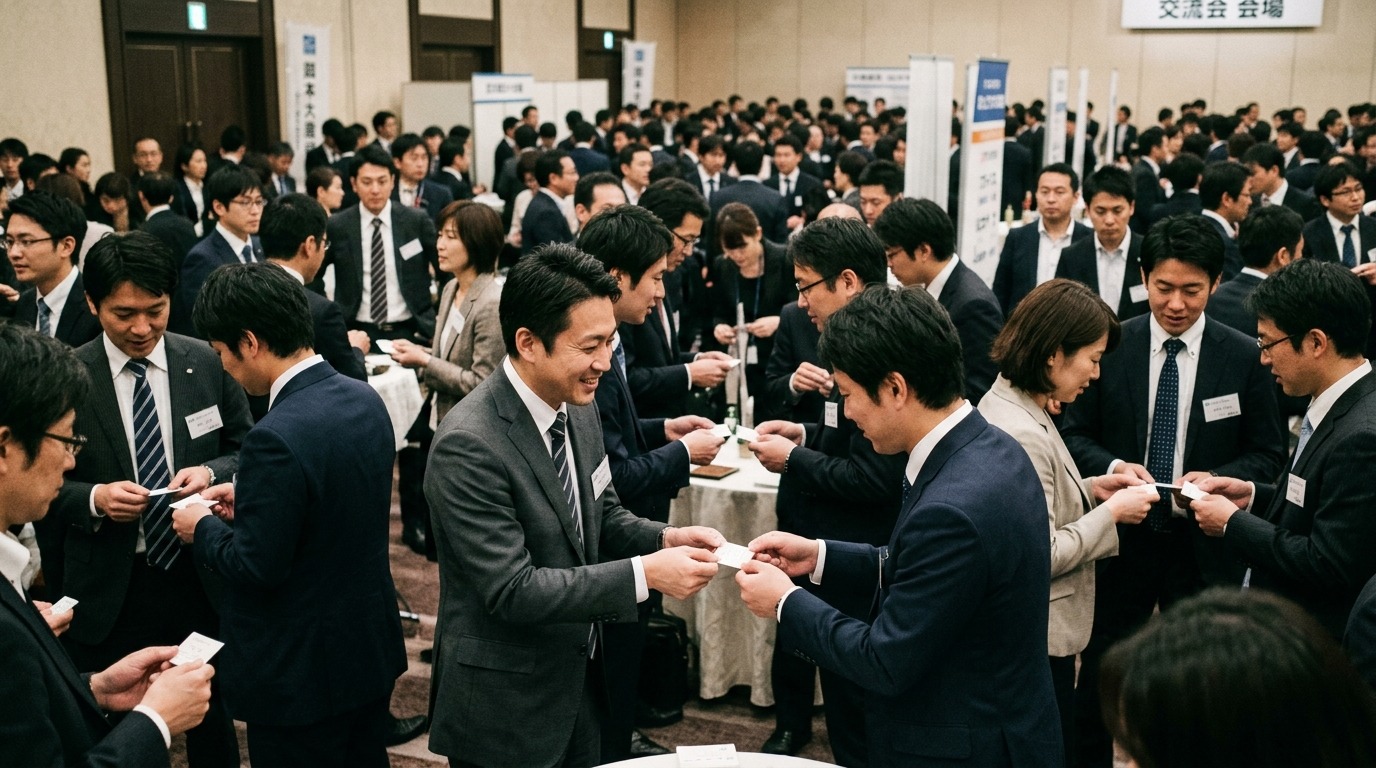 交流会で集めた名刺を整理し、誰に何を届けるかを考える一人社長のイメージ