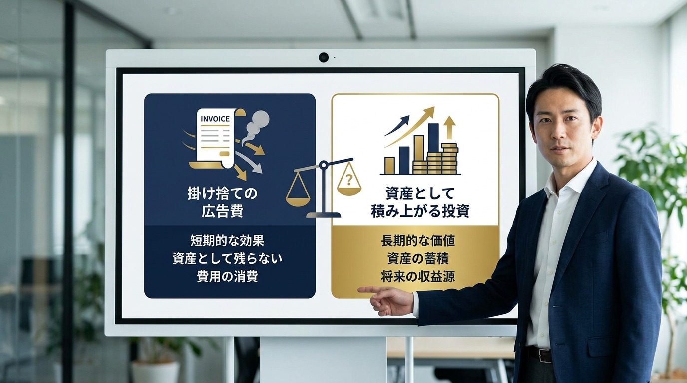 掛け捨ての広告費と資産として積み上がる投資を対比した図解