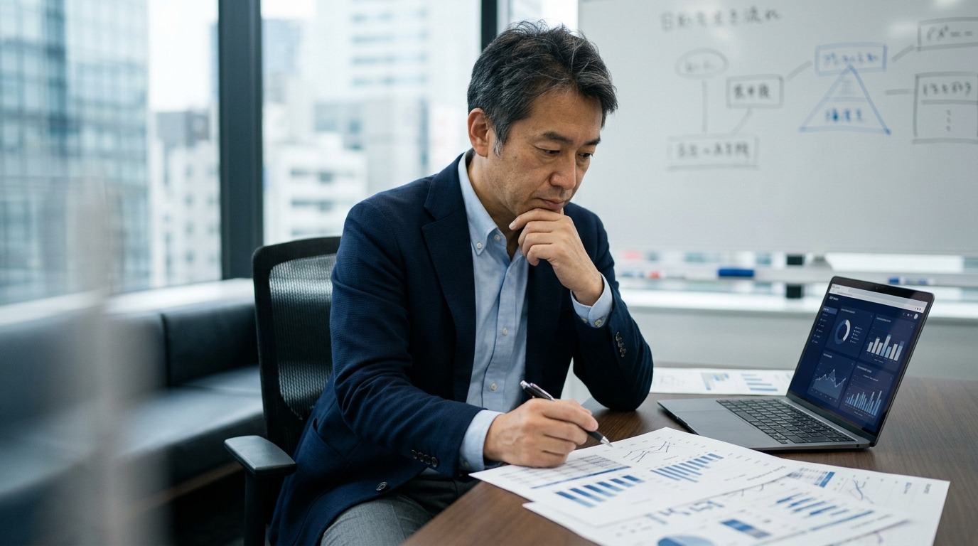 サービスの質を高めるために現状を分析する経営者のイメージ