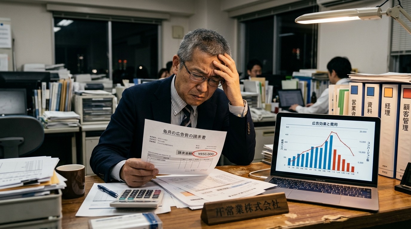 毎月の広告費のグラフを見て悩む中小企業の経営者