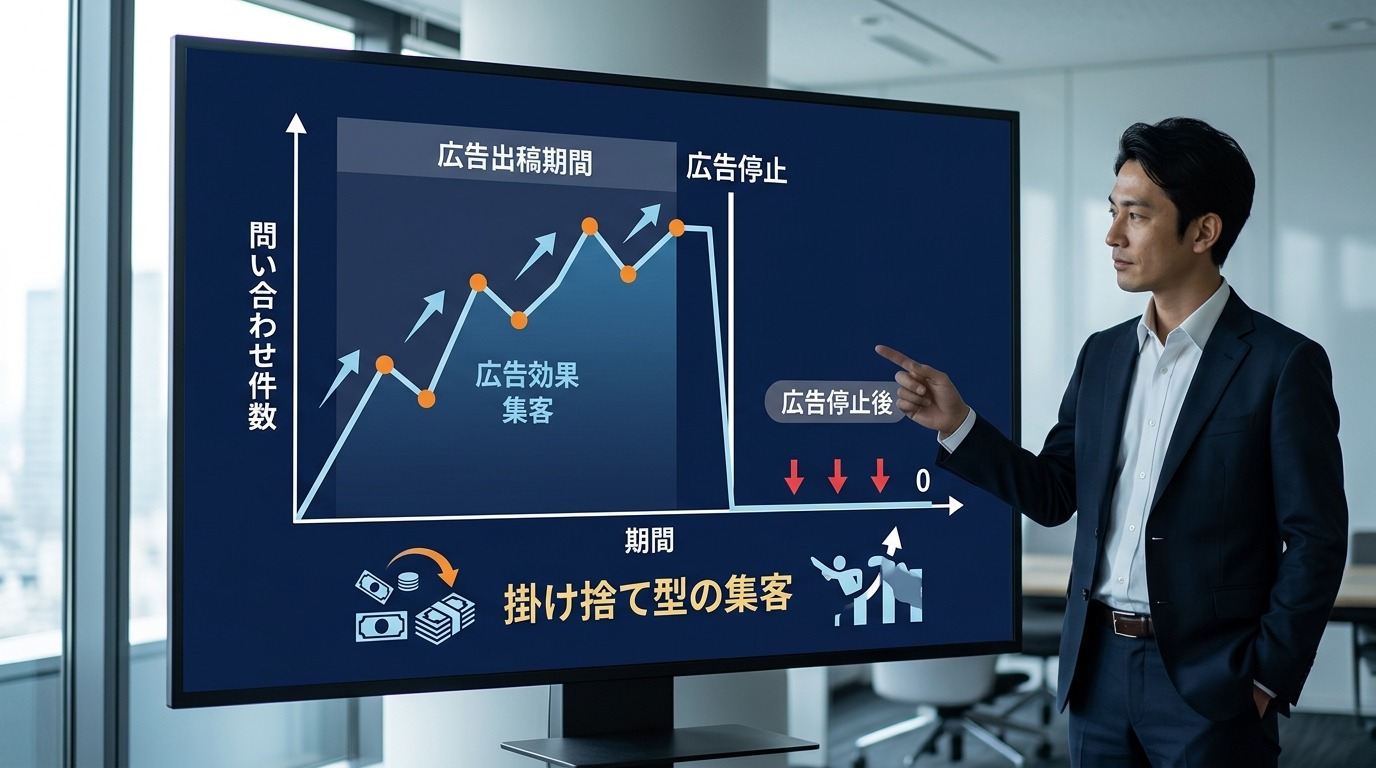 広告を出している間だけ問い合わせが来て、止めるとゼロに落ちるグラフ
