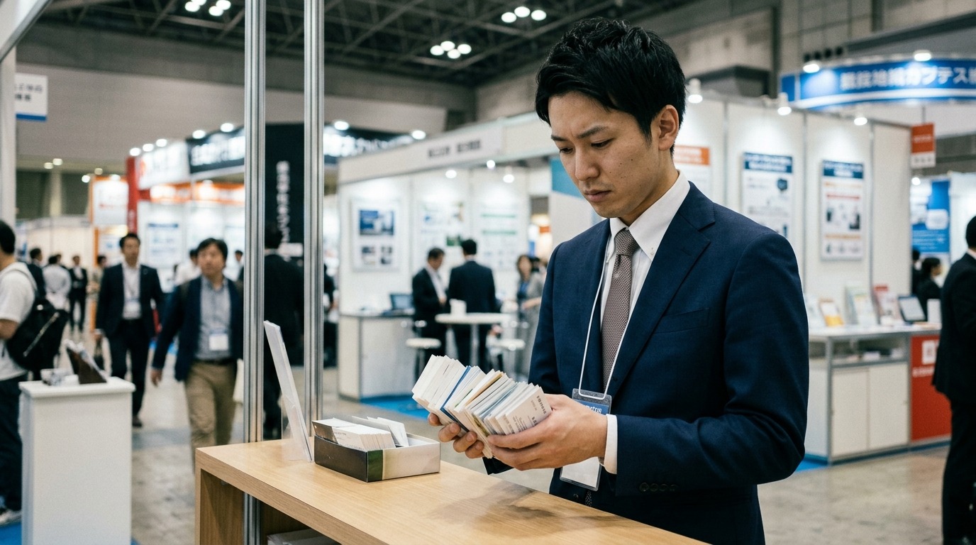 展示会で大量の名刺を手にしたものの費用対効果に悩むスタッフ