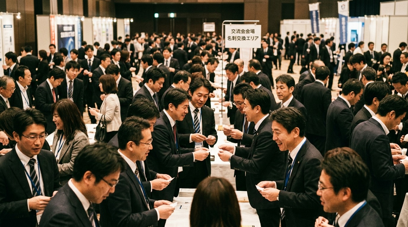 交流会で多くのビジネスパーソンが名刺交換をしている様子