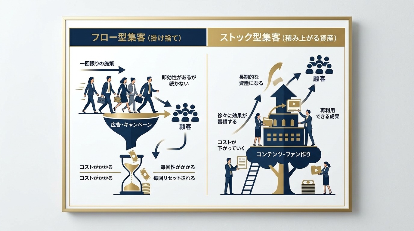 フロー型集客とストック型集客を左右で対比した図解